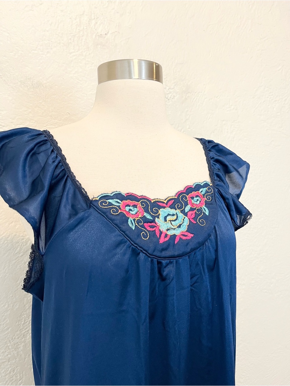 Navy Embroidered Satin Chemise with Floral Accent